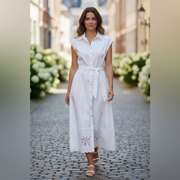 Ellen Tracy NWT White Button-Down Midi Dress 100% cotton scalloped lace trim Med